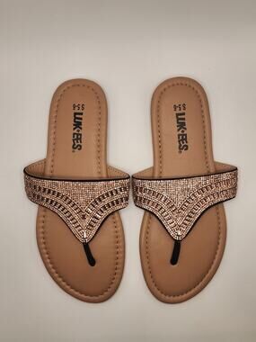 Muk Luk LUK*EES Sandals Women's Bronze Rhinestone Gemstone 5-6 Small Flip Flops